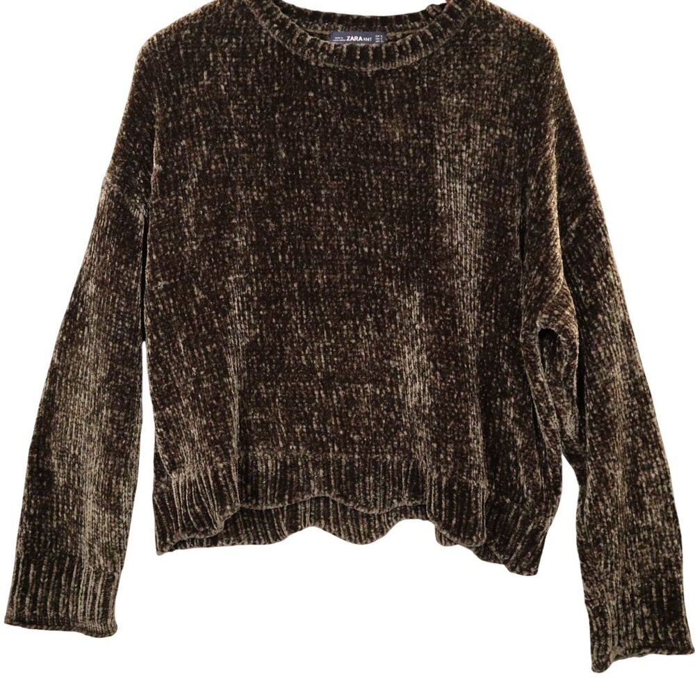 Zara Knit Chenille Crop Sweater Brown Scalloped Hem Size S Soft Comfy